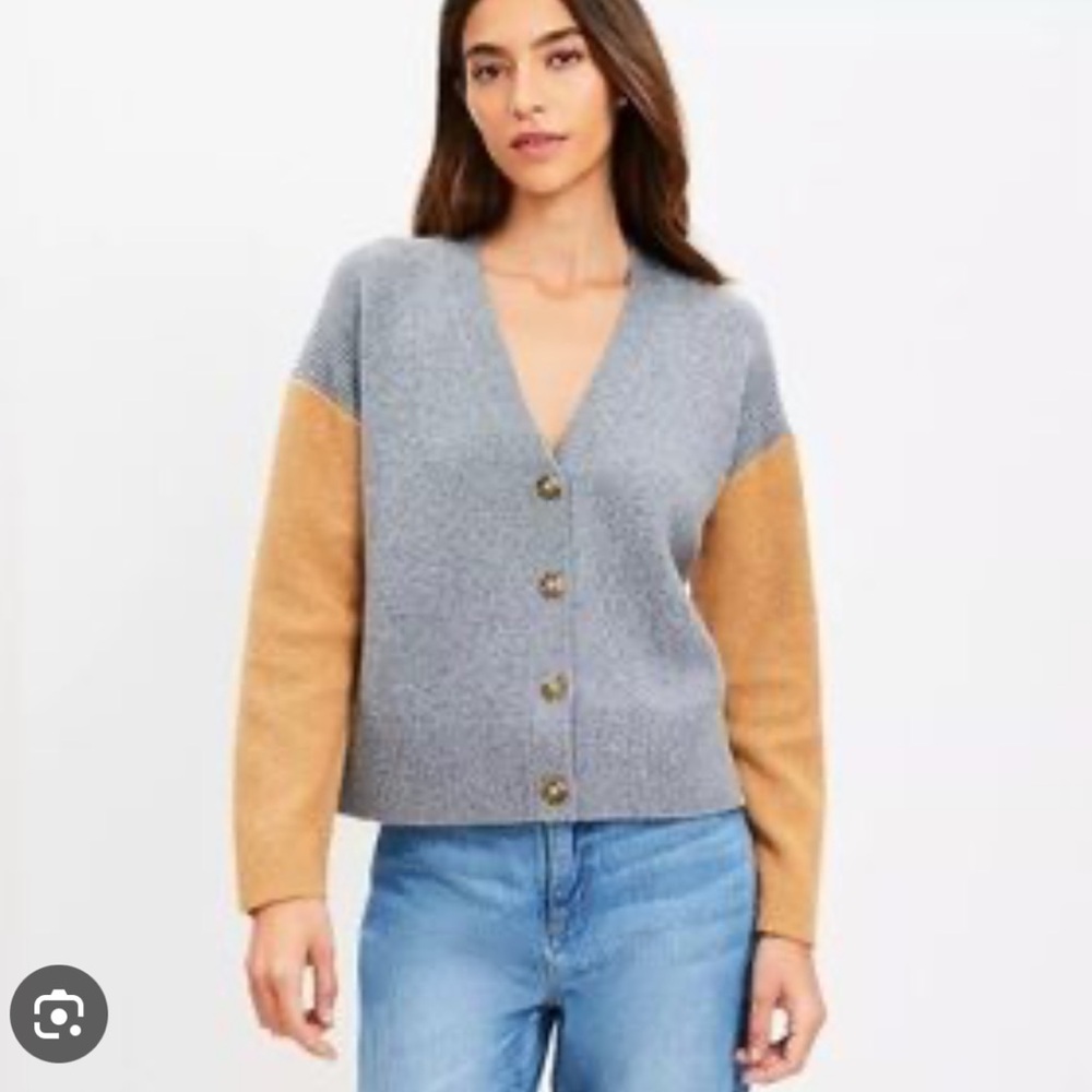 LOFT Gray and Tan Colorblock Grandpa Cardigan Sweater